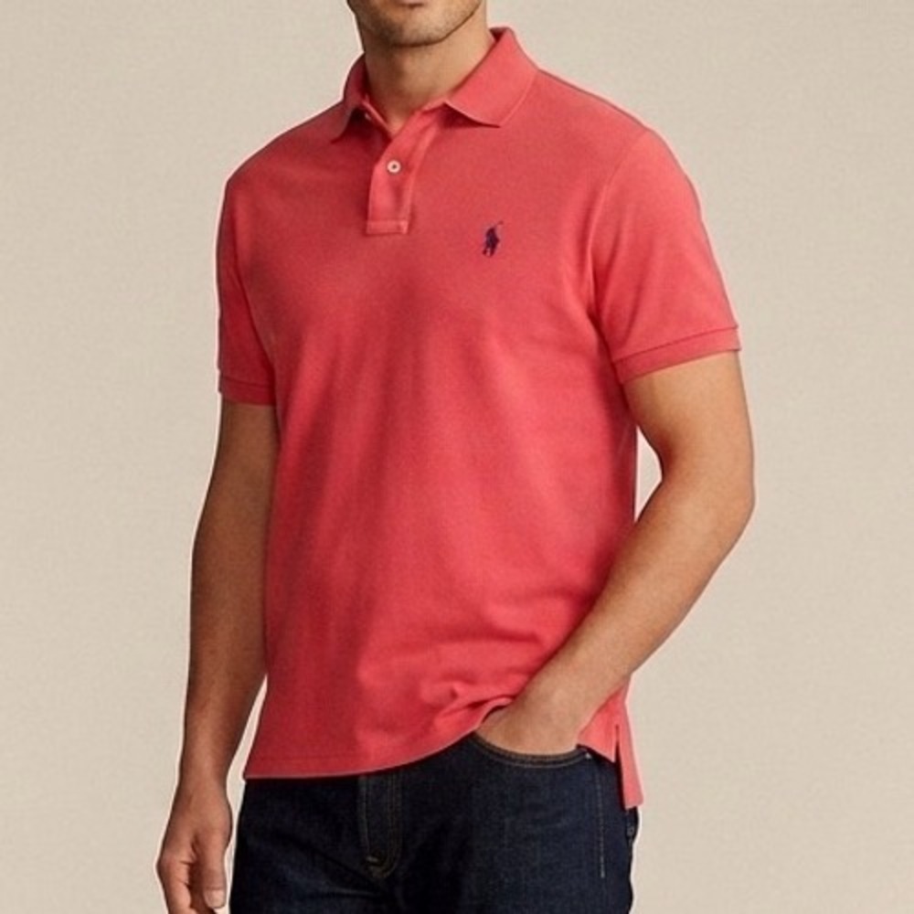 Polo Ralph Lauren Mens Large Pink Short Sleeve Pique Polo Shirt Blue Pony Logo